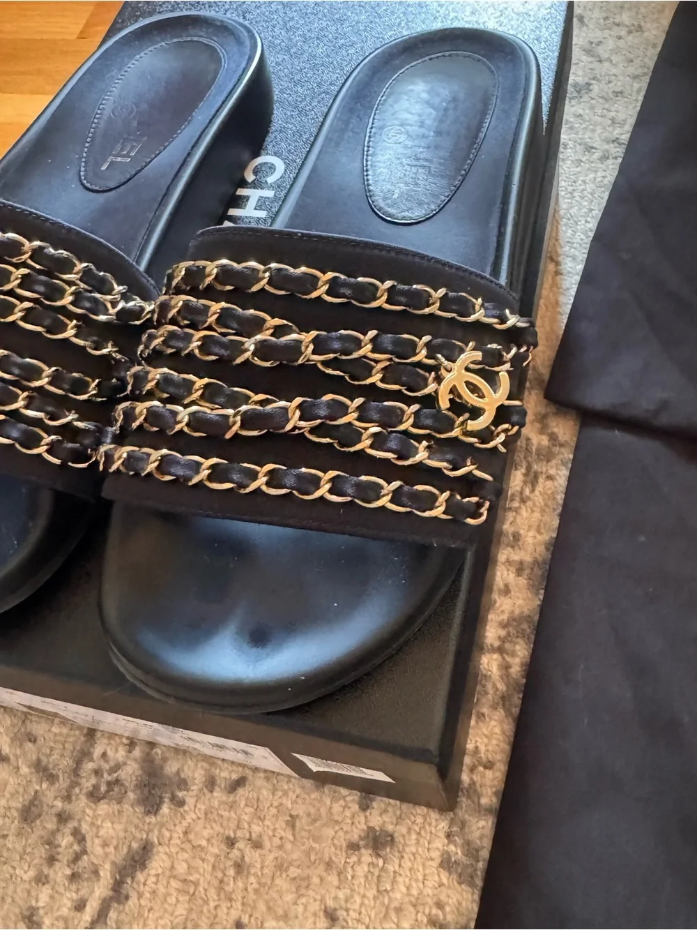 Chanel Navy Blue Chain REV Slides